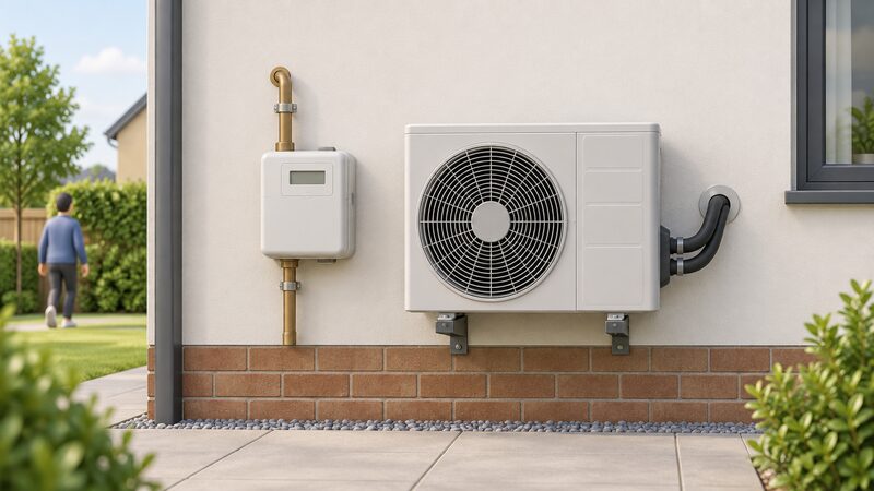 A domestic gas smart meter box on an outside wall beside a heat pump outdoor unit, both mounted side by side with the meter's small display shown as a plain blank screen and the heat pump's fan grille and pipework entering the wall.