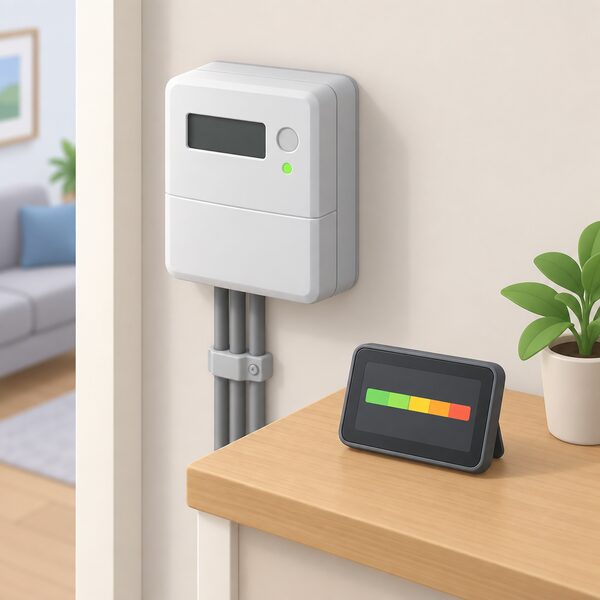 A smart electricity meter mounted on an interior wall of a home with its small in-home display standing nearby on a shelf or table, the display screen showing a plain live energy-use bar with no readable figures.