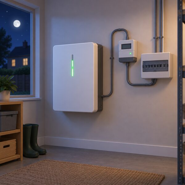 A wall-mounted home battery unit indoors, connected by cable to the household electricity supply with a smart meter, shown at night while it charges on a cheap overnight tariff.