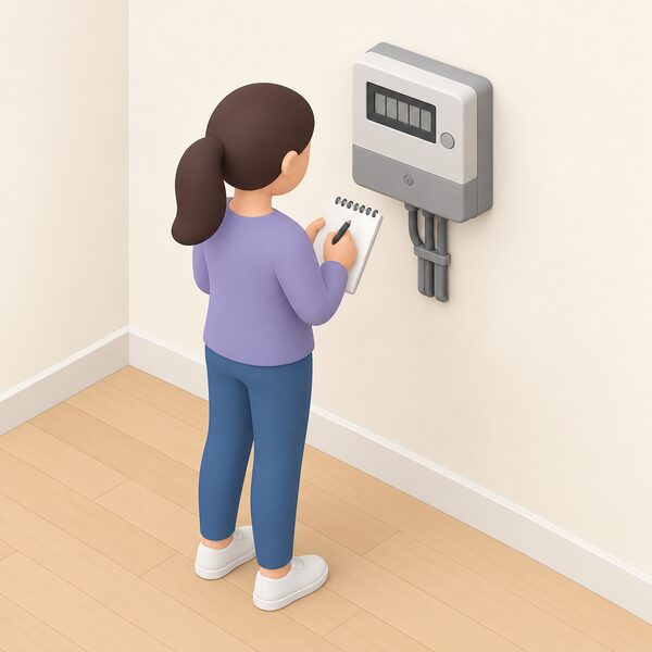 A simplified isometric householder in plain clothing stands at the wall-mounted electricity meter in a UK home, writing a manual reading on a notepad, with the meter's display shown as blank blocks because the smart meter has stopped sending readings.