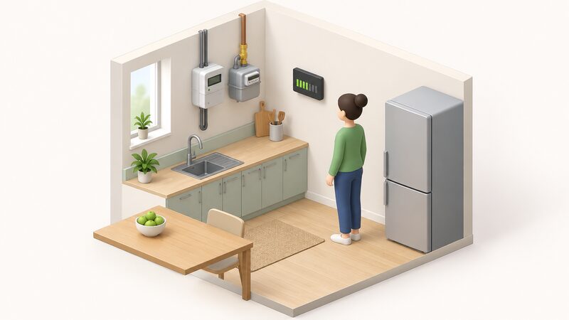 A small isometric kitchen scene with a smart electricity meter mounted on the wall beside a gas meter, and an in-home display on the wall nearby showing a live electricity reading as a plain bar, with a simplified figure glancing at it.