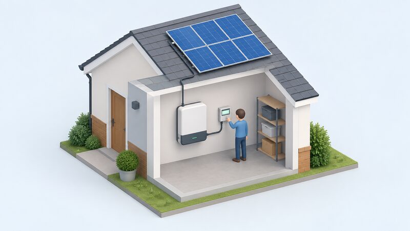 A domestic plant room where a wall-mounted battery inverter is connected to a generation meter on the wall beside it, with a small isometric figure checking the meter, and a cable from the inverter running up and out to the rooftop solar array above.