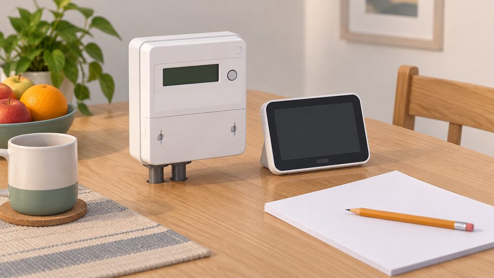 A smart electricity meter with its separate in-home display screen standing on a kitchen table beside blank paperwork and a pencil, the arrangement a household gathers to record energy use before asking for half-hourly data to size solar, a battery or a heat pump.