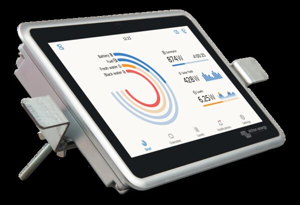 A Victron Energy Ekrano GX wall-mounted touch control panel displaying energy monitoring gauges for battery, solar yield and loads