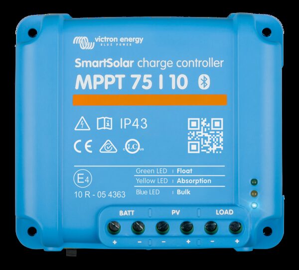 A blue Victron Energy SmartSolar MPPT 75/10 solar charge controller with battery, PV and load terminals