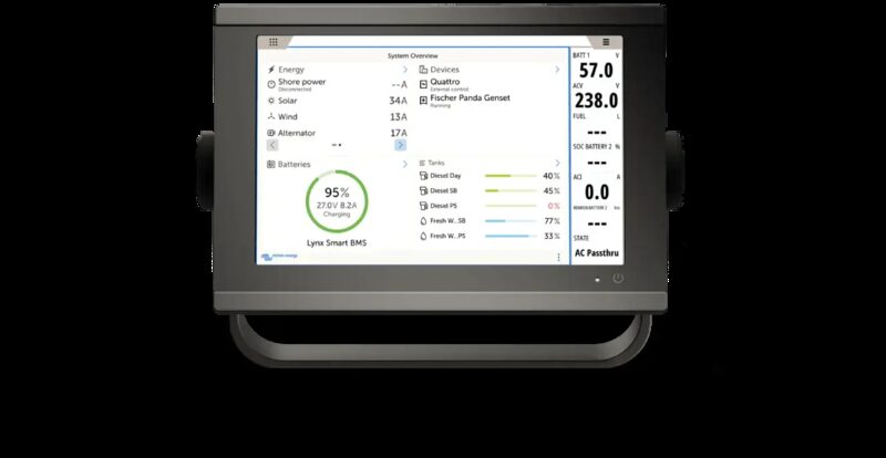 A Victron Energy Ekrano GX wall-mounted control display showing a system overview dashboard with battery, solar and generator status