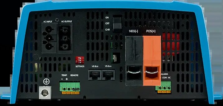 Rear panel of a Victron Energy MultiPlus inverter/charger showing AC input/output sockets, battery terminals and connection ports
