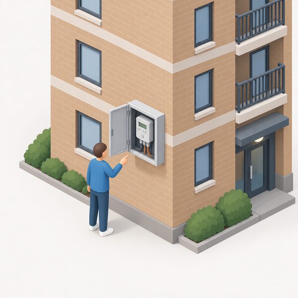 A closed external meter box mounted on the outside wall of a block of flats, containing a smart electricity meter, with a small isometric figure of a bill payer standing beside it pointing at the box to show that flats with communal meter boxes can still apply for a smart meter.