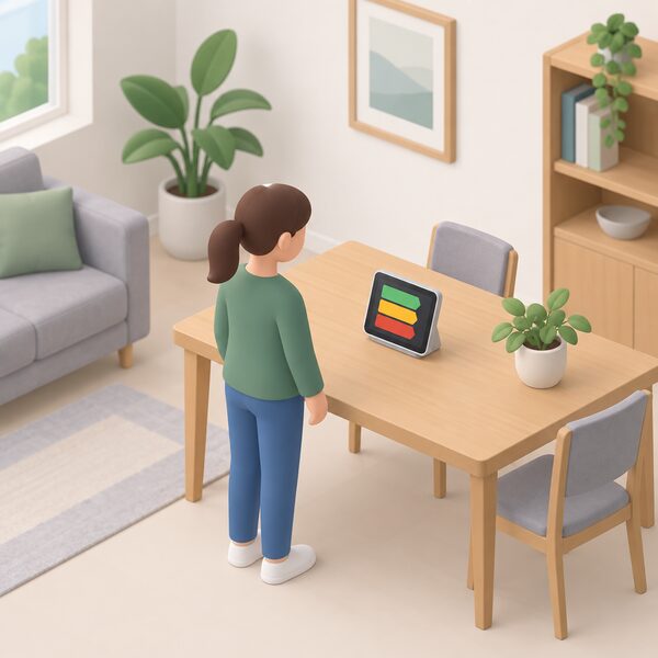 A small isometric figure stands in a home setting beside a table on which sits an in-home display, its screen showing plain colour bands, with no charge or payment taking place.