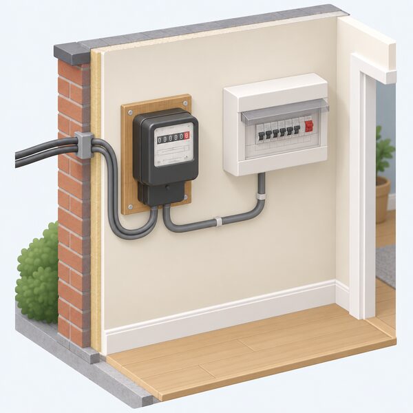 A traditional domestic electricity meter mounted on an interior wall of a home, shown in a simple cutaway view with its supply cables entering from outside and a cable running to the consumer unit, with no smart communications hub present.