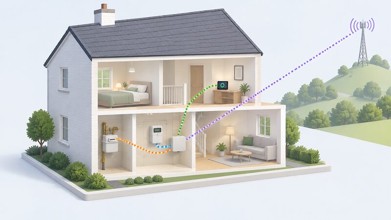 A simplified cutaway house interior showing a communications hub beside the electricity meter, linked by signal lines to the gas meter and an in-home display elsewhere in the home, and by a separate radio link to a distant wide area network mast, with no broadband router present.