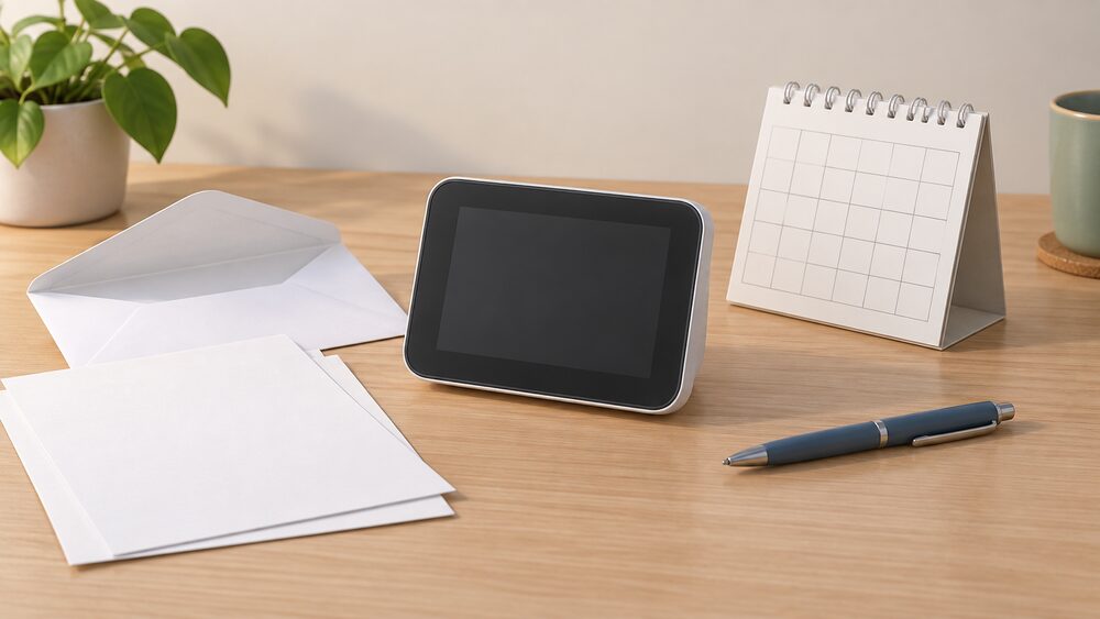 A small tabletop arrangement showing a blank-screen in-home display standing beside an opened envelope and blank paperwork, with a plain calendar and a pen nearby, suggesting a household whose smart meter installation has been deferred.