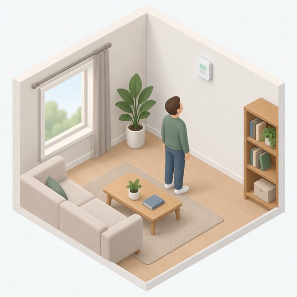 A small white wall-mounted sensor panel fixed high on the plain interior wall of a lived-in room, shown in isometric view with a simplified figure glancing at it, its surface carrying only plain blank indicator blocks and no readable markings.