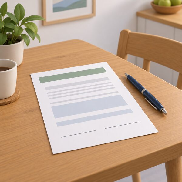 A signed Energy Service Contract document lying on a domestic table, drawn as a physical paper with blank signature lines and plain colour bands, with a pen resting beside it and no readable words or figures anywhere on the page.