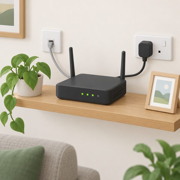 A small home shelf holding a broadband router with its cables, shown in a simple domestic setting to represent the home broadband connection the energy management system depends on.