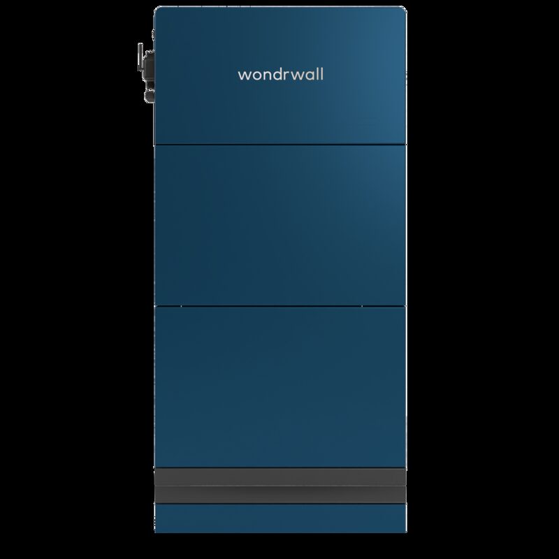 A dark blue Wondrwall home battery storage unit shown against a plain white background