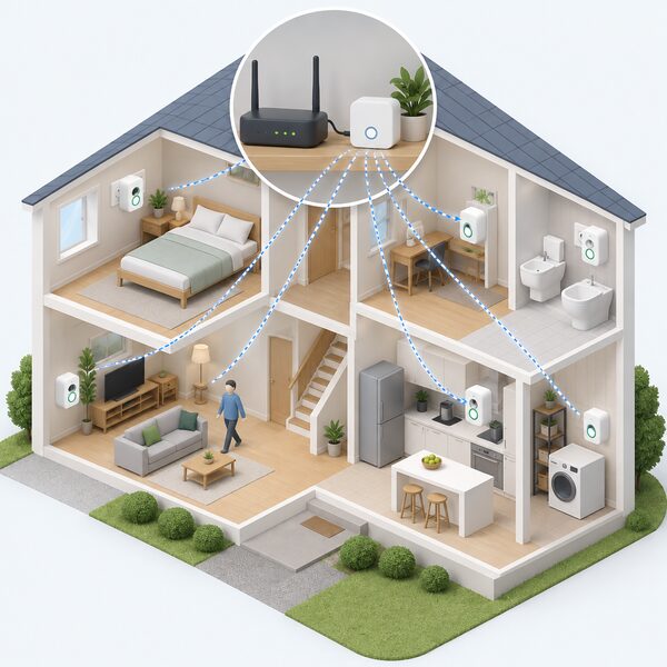 A small Zigbee hub plugged in on a shelf beside a broadband router, with simplified signal lines fanning out to several plug-style energy monitors and smart sockets around a cutaway home, showing the hub coordinating the mesh network.