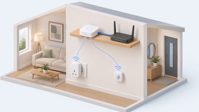 A small isometric home scene showing a Zigbee hub on a shelf connected by an Ethernet cable to a broadband router beside it, with a wireless link down to a smart plug in a wall socket and a small sensor nearby, illustrating the hub bridging Zigbee devices to the wider network.