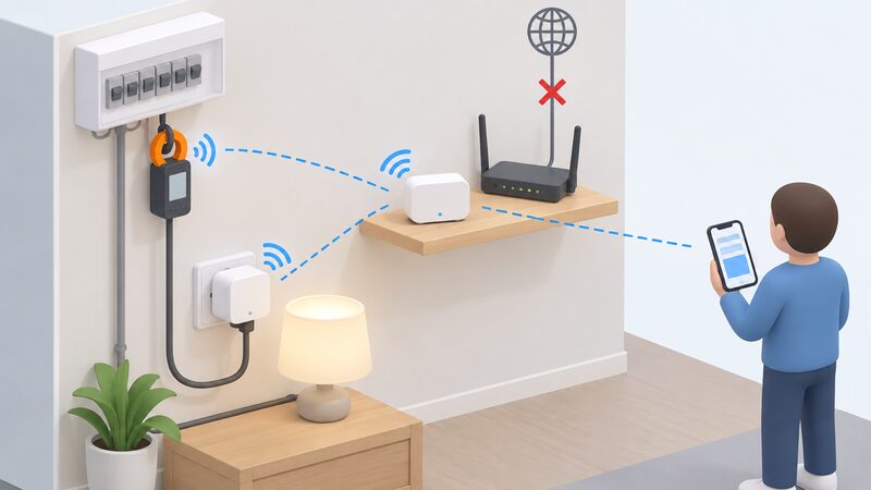 A small Zigbee hub on a shelf links wirelessly to a smart plug and a clamp meter transmitter on a nearby cable, with a dashed signal path continuing to a phone held by a simplified figure, while a broadband router beside it shows a crossed-out internet line.