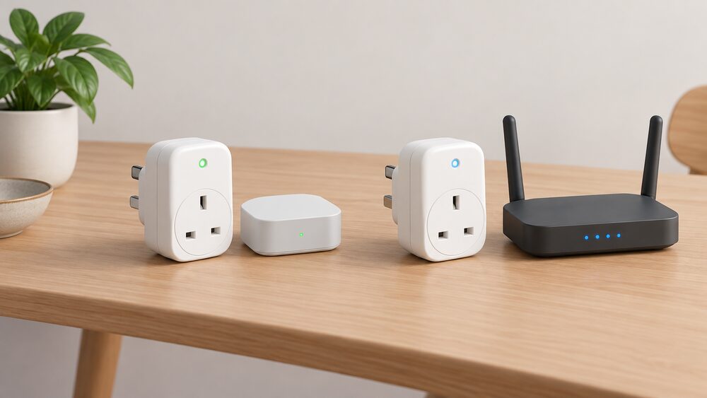 A kitchen table holding two plug-in energy monitors side by side, one paired with a small standalone hub and the other with a broadband router, each monitor with its plug ready to go into a wall socket, showing the choice between the two connection routes.