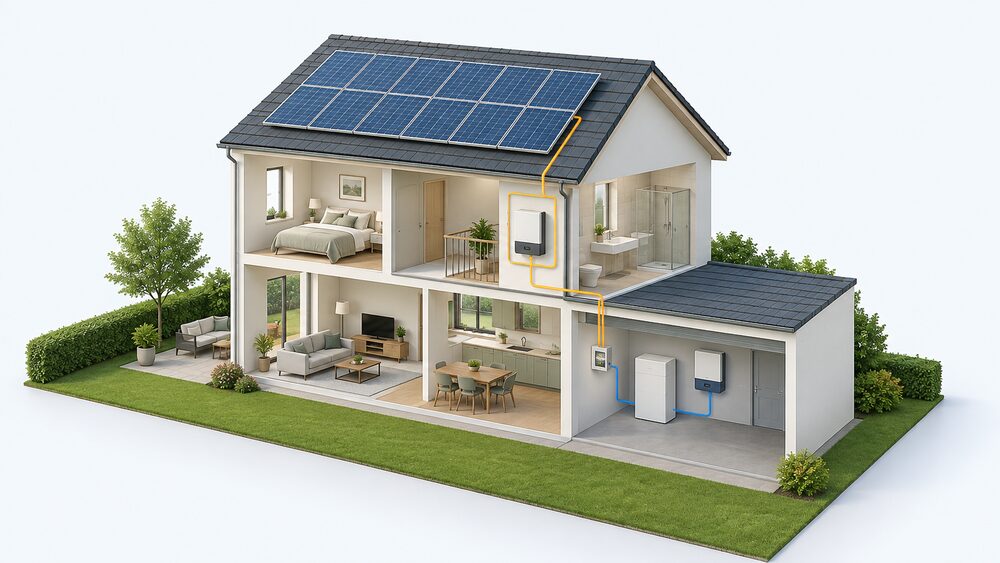 A cutaway house with solar panels on the roof, the existing solar inverter kept in place indoors, and an AC-coupled battery with its own inverter connected to the household wiring in a garage or utility space.