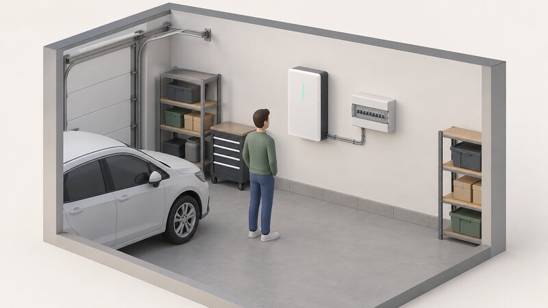 A small wall-mounted home battery unit fixed to a garage wall beside a consumer unit, with simple conduit linking the two so the battery clearly sits on the household wiring, drawn as a clean isometric interior with no panels or grid shown.