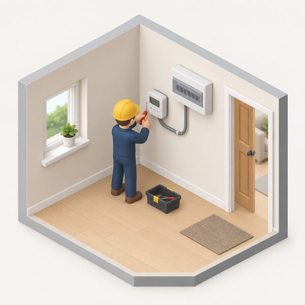 A small isometric figure of an installer fitting a smart meter on an inside wall of a house, with the meter connected by cable to the consumer unit, shown as the metering needed to monitor exports for SEG payments.