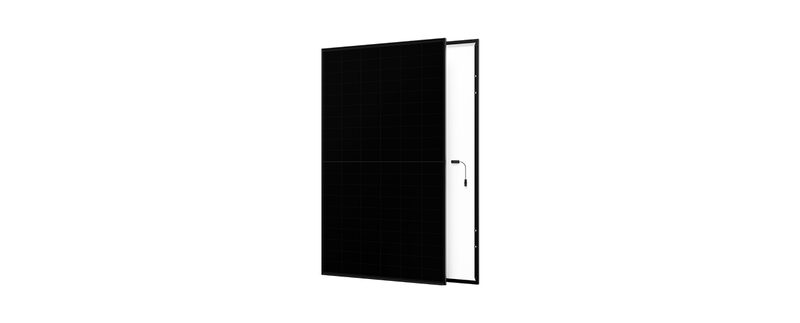 An Aiko NEOSTAR all-black solar panel shown front and back against a white background
