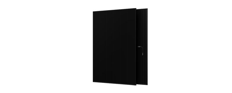 A black Aiko Neostar dual-glass solar panel shown at an angle against a white background