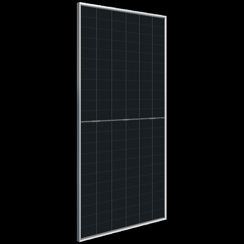 A single black-framed bifacial solar panel shown at an angle against a white background
