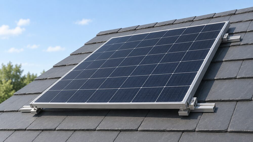 A single dark photovoltaic solar module with a grid of rectangular cells, mounted flat on a slated roof in daylight, shown close up with its aluminium frame and mounting rails visible and no other equipment.