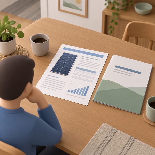 A printed solar panel module datasheet lying flat on a household table beside a solar quote folder, its pages showing only blank lines, plain tables and simple chart blocks with no readable figures, in a home setting.