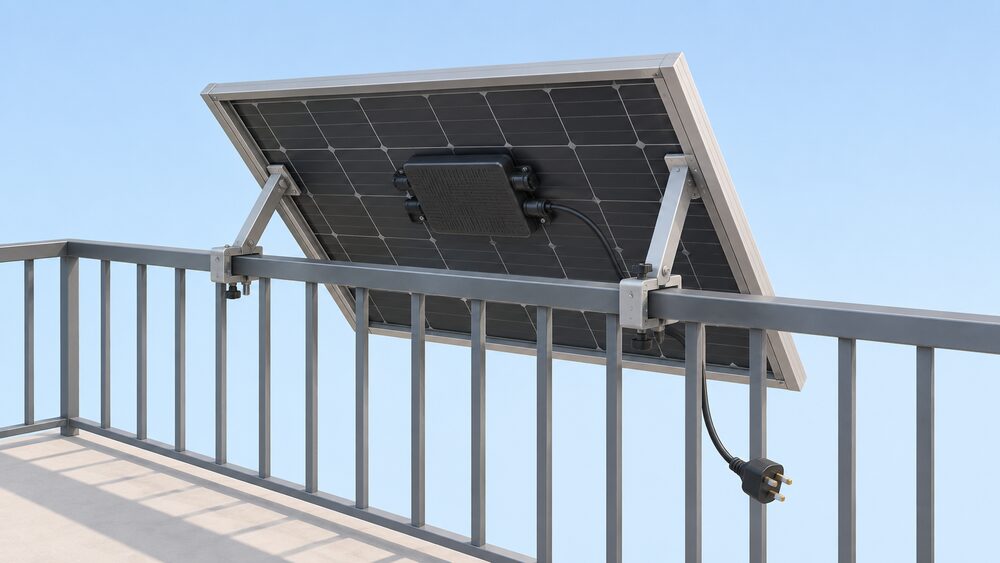 A single solar panel in a tilted mounting frame hung on a metal balcony railing, with a small microinverter box fixed to the panel's rear and a cable ending in a three-pin plug trailing from it, drawn close up against a plain sky.