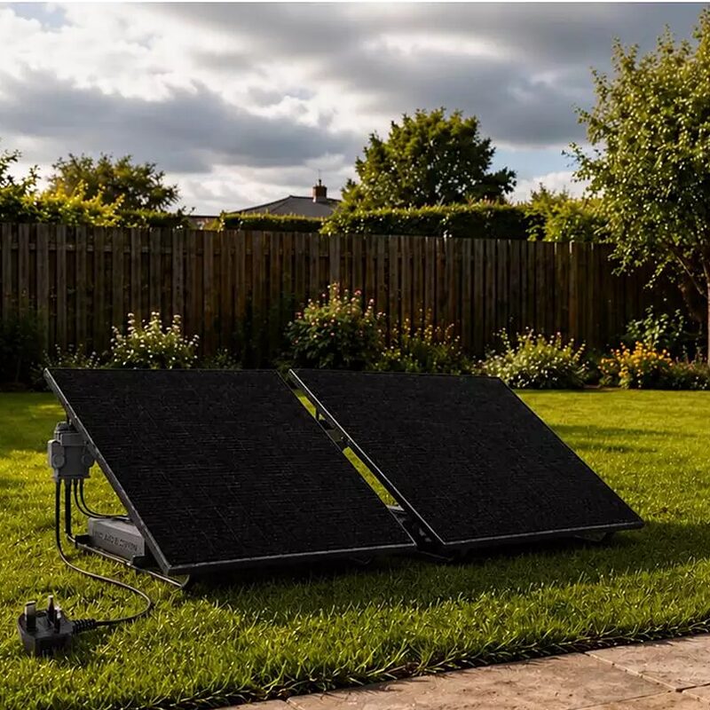 Two plug-in solar panels on ground stands in a grassy garden with a wooden fence and flower beds, with a cable and UK plug in the foreground