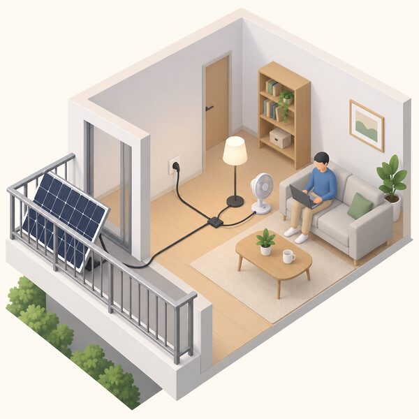 A simplified isometric indoor scene showing a balcony solar kit's cable plugged into an ordinary wall socket, with a line from the socket powering a few small everyday appliances nearby while the rest of the room's circuits stay unconnected.