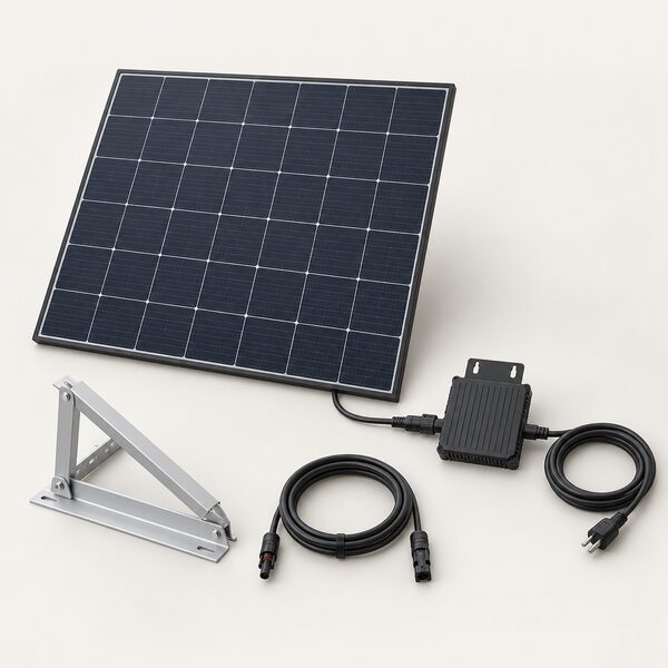 A flat-lay product-style display of a single-panel plug-in solar kit on a plain neutral surface, showing one solar panel beside its small microinverter box, the connecting cables neatly coiled, and a simple mounting bracket, arranged as a retailer's listing photograph with no packaging text.
