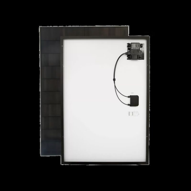 A solar panel shown from the front and back, with an Enphase microinverter and cabling mounted on the rear