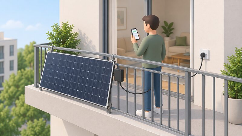 A householder stands on a balcony holding a phone showing the monitoring app, beside a plug-in solar panel fixed to the balcony railing on a frame with anchors, its cable running to a standard mains socket.