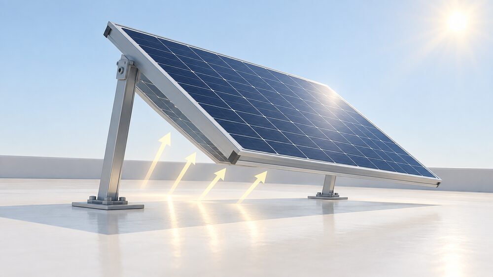 A single bifacial glass-glass solar panel mounted on a tilted frame, raised on a clear gap above a pale flat-roof membrane, with sunlight bouncing off the light-coloured surface below up into the panel's rear face.