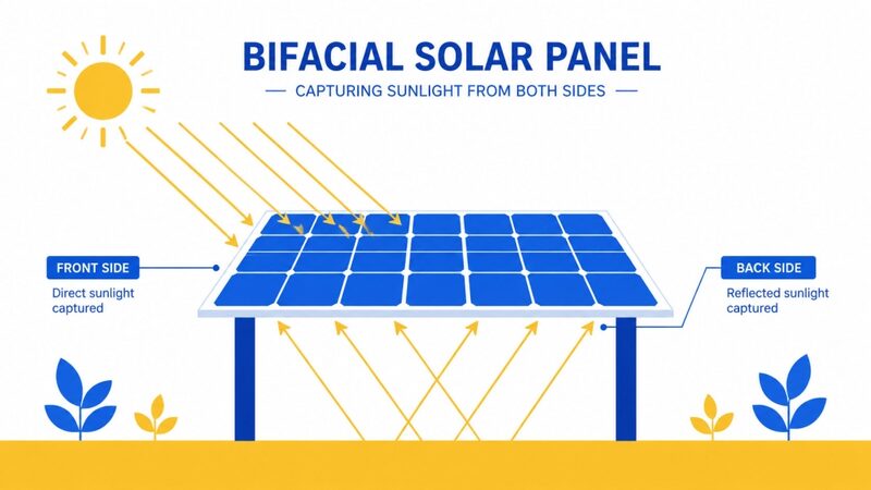An illustrated diagram of a bifacial solar panel capturing direct sunlight on the front side and reflected sunlight on the back side