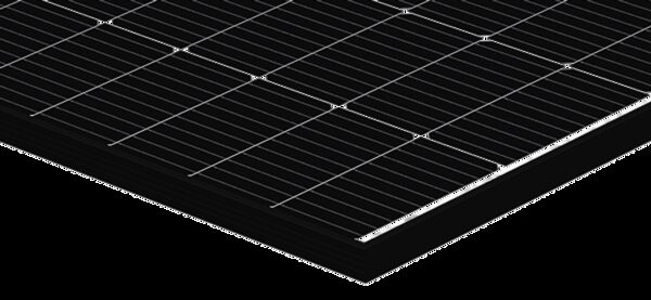 A close-up product shot of a black bifacial solar panel with transparent backsheet, shown at an angle on a white background