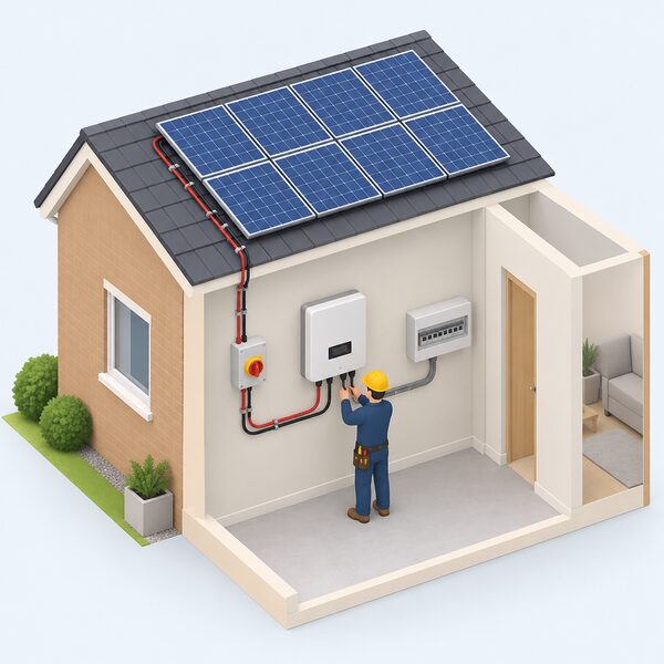 A qualified electrician in plain work clothing connects solar PV cabling from the DC isolator to a wall-mounted inverter and then to the household consumer unit, shown in a simplified isometric cutaway of a home with roof panels linked by cable runs.