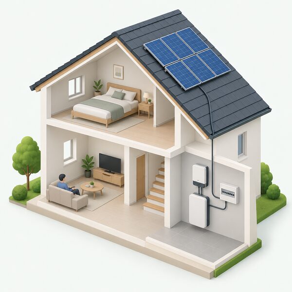 A simplified isometric cutaway of a home interior showing a wall-mounted battery storage unit beside the household consumer unit, connected by cable to an inverter, with a line running up to solar panels on the pitched roof above.