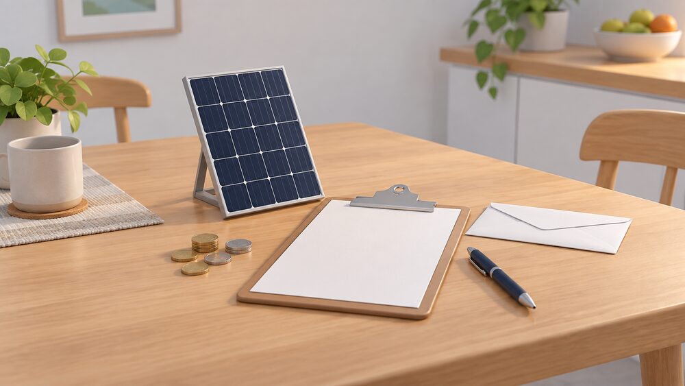 A small model of a dark solar panel stands on a kitchen table beside a blank quotation document on a clipboard, a pen, a plain envelope and a few coins, suggesting the moment a household receives an installer's quote for a solar system.