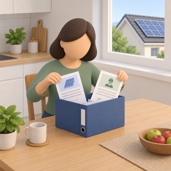 A simplified household figure at a kitchen table at home, placing two warranty documents — one from the module maker and one from the installer — into a sturdy folder kept for safekeeping, with a small rooftop solar panel visible through a window behind.
