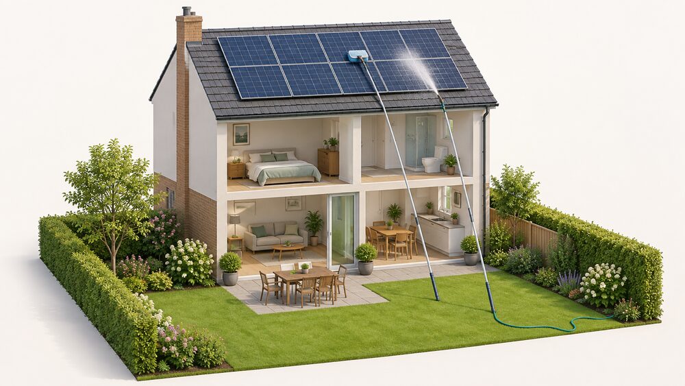A house with solar panels on its pitched roof, seen from the garden, where a long-handled soft brush and a hosepipe jet reach up to lightly clean the roof-mounted array from ground level with no ladder present.