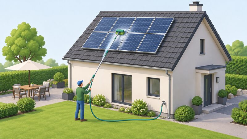 A householder stands on the ground beside their house, using a long extendable brush and a hosepipe jet to clean the solar panel array on the pitched roof above, with no ladder or scaffolding anywhere in the scene.