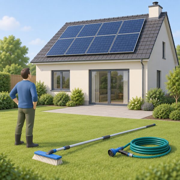 A soft long-handled brush and a coiled hosepipe fitted with a jet nozzle lie ready on the ground of a garden, with the roof-mounted solar panel array visible above on the house they will be used to clean.