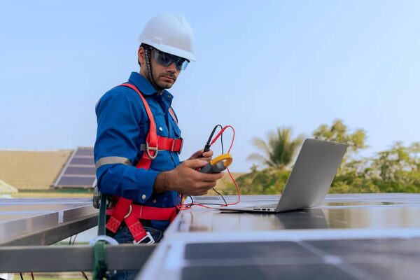 A technician in a hard hat and safety harness testing solar panels on a rooftop with a multimeter and laptop