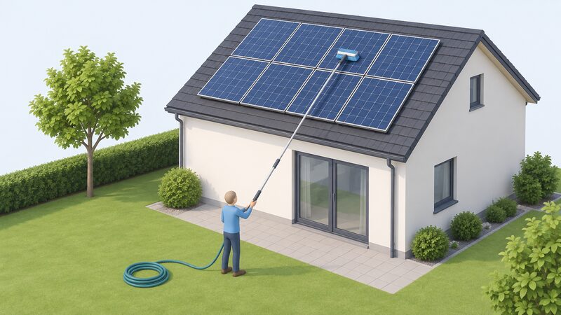 A person standing on the ground uses a long extendable pole with a soft brush head to lightly wipe the surface of a solar panel mounted on a house roof, with a coiled hosepipe lying nearby on the ground.